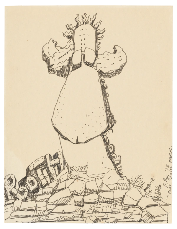 Ink drawing by Philip Guston showing a towering, surreal portrait of Philip Roth atop a pile of broken shapes and stones.