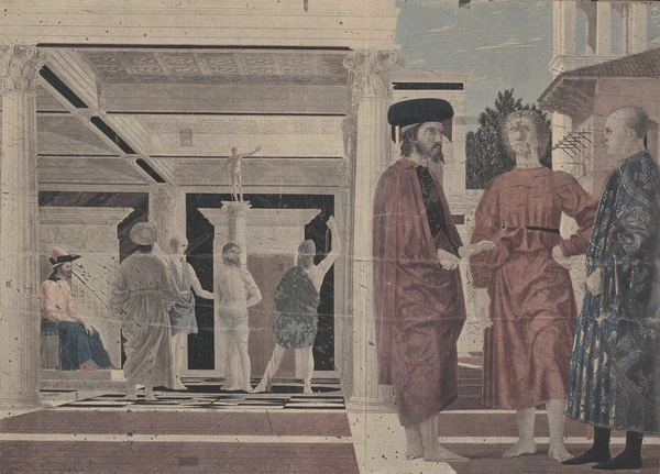 Renaissance painting showing a group of figures in classical architecture, some engaged in discussion and others in the background.