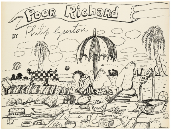 A black-and-white ink drawing by Philip Guston of a surreal beach scene, featuring abstract, cartoonish figures lounging under an umbrella, surrounded by scattered objects, palm trees, and a checkered cat. A flowing banner at the top reads "Poor Richard" by Philip Guston.
