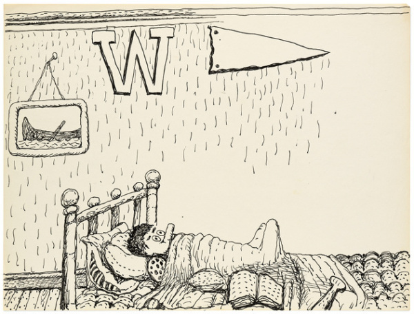 A black-and-white ink drawing by Philip Guston of Richard Nixon, as a young boy, lying in bed, staring at the ceiling. The room features a framed picture of a boat, a large letter "W" on the wall, a pennant flag, and scattered objects on the floor, including an open book and a baseball bat.